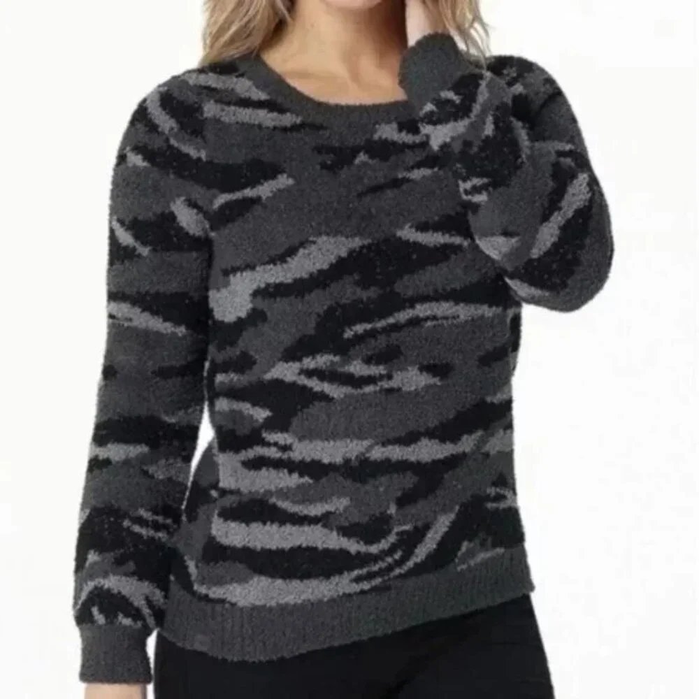 Barefoot Dreams CozyChic Seaside Crew Camo Sweater Carbon Size M